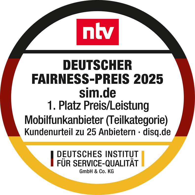 Deutscher Fairness-Preis 2026: 1. Platz sim.de Preisleistung
