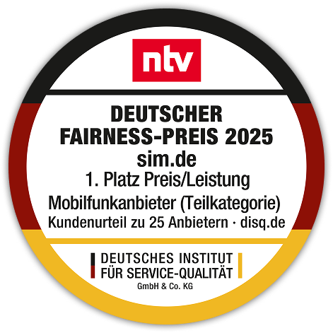 Deutscher Fairness-Preis 2026: 1. Platz sim.de Preisleistung