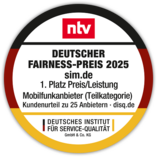 Deutscher Fairness-Preis 2026: 1. Platz sim.de Preisleistung