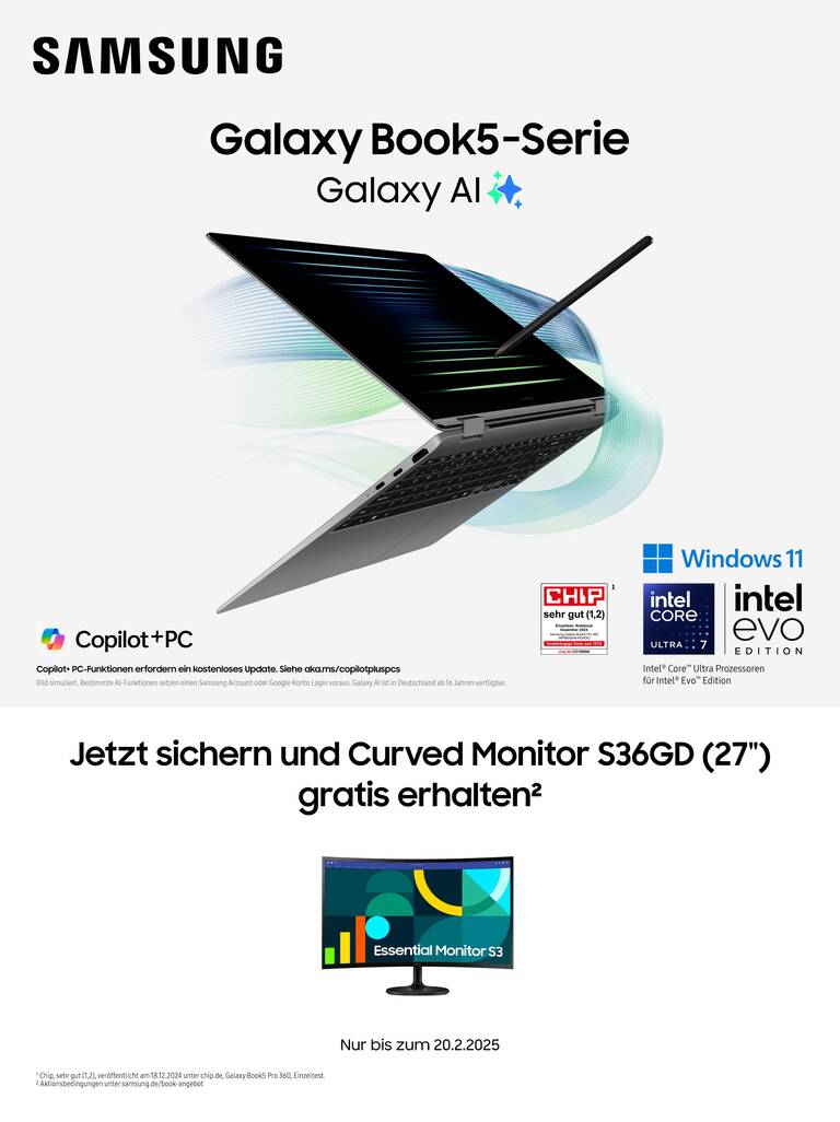 Samsung Galaxy Book5 kaufen und Samsung Curved Monitor GRATIS erhalten