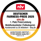 Siegel sim.de ist Testsiger Preis/Leistung - Deutscher Fairness-Preis von DISQ und ntv