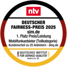 Siegel sim.de ist Testsiger Preis/Leistung - Deutscher Fairness-Preis von DISQ und ntv